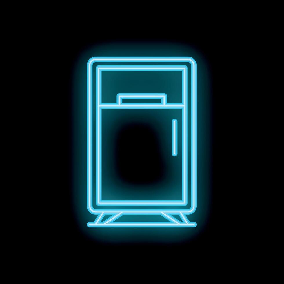 Bright blue neon sign depicting a refrigerator with freezer compartment on black background vector