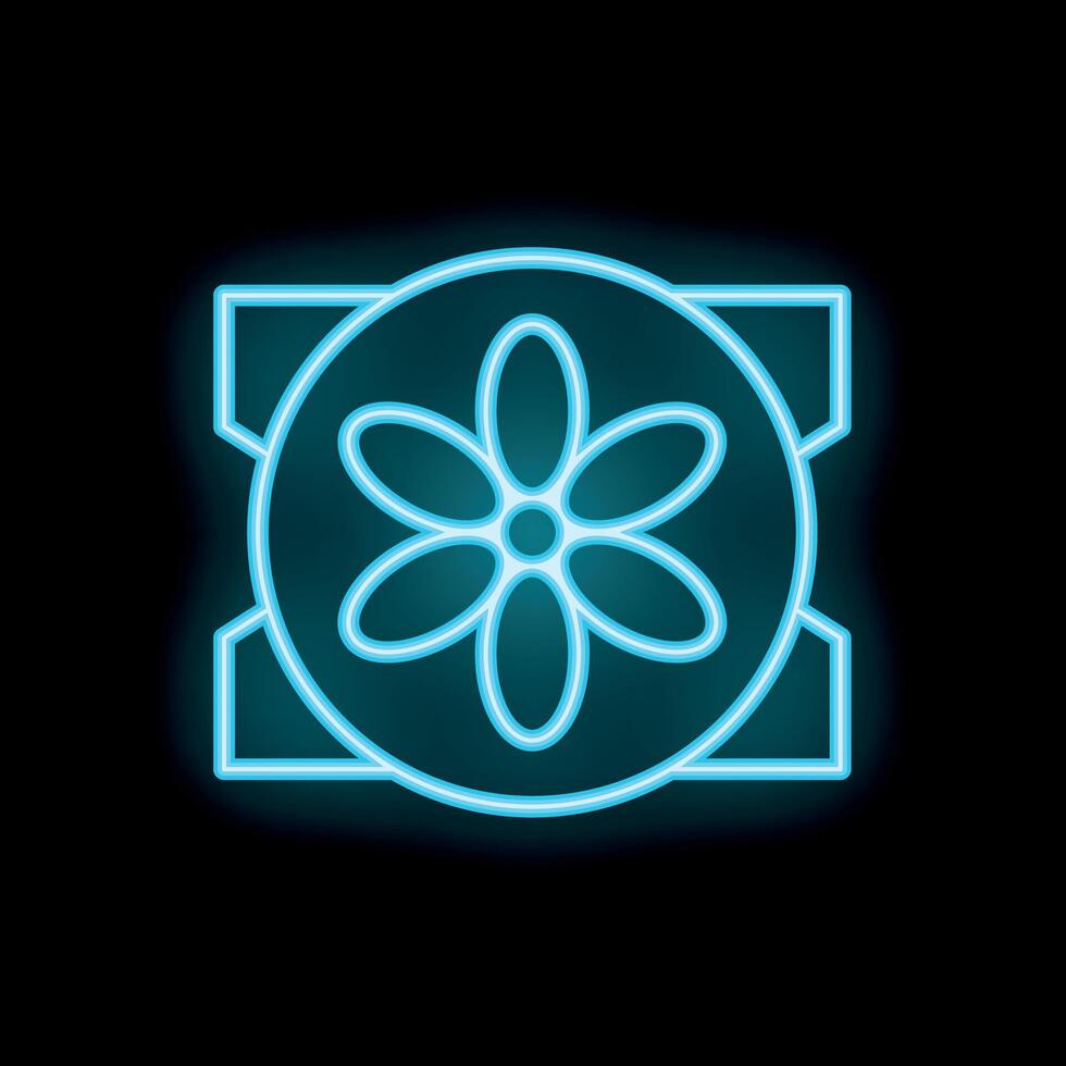 Glowing neon blue flower icon with square frame on a black background vector