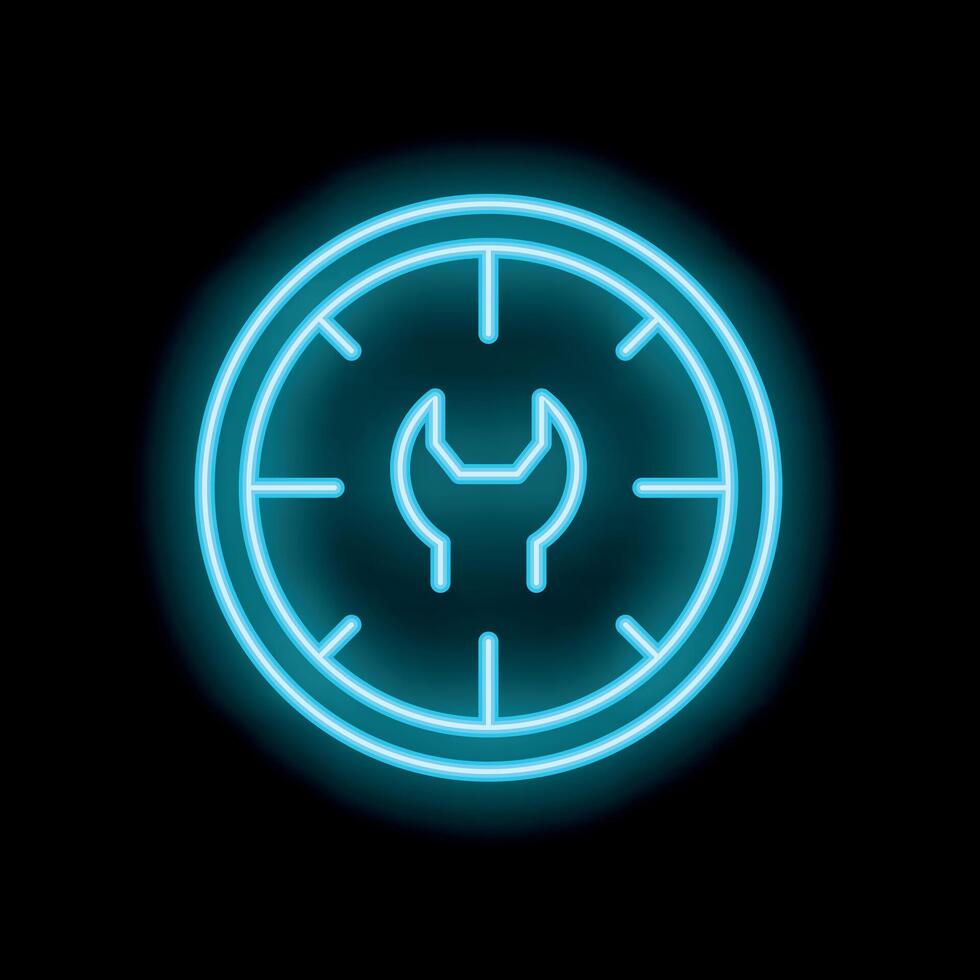 Neon clock showing it's time for repairing with wrench symbol inside vector