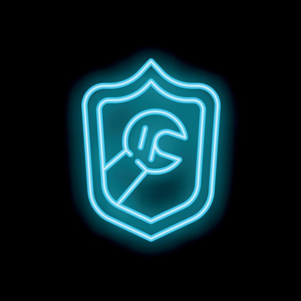 Neon wrench tool inside shield logo representing security and maintenance vector