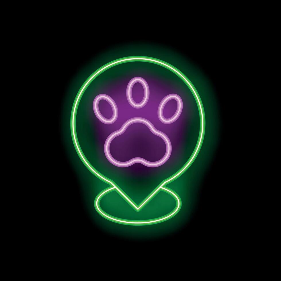 Neon pin pointing location with dog paw print inside vector