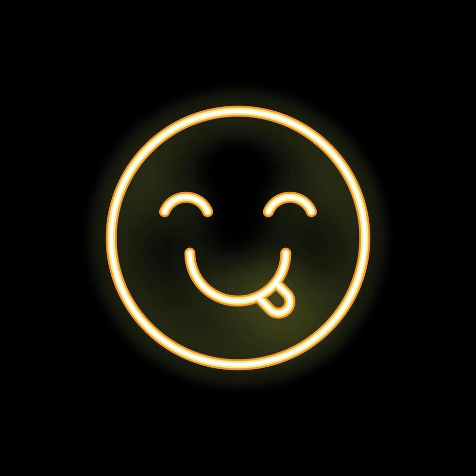 Neon yellow yummy face sticking out tongue on black background vector