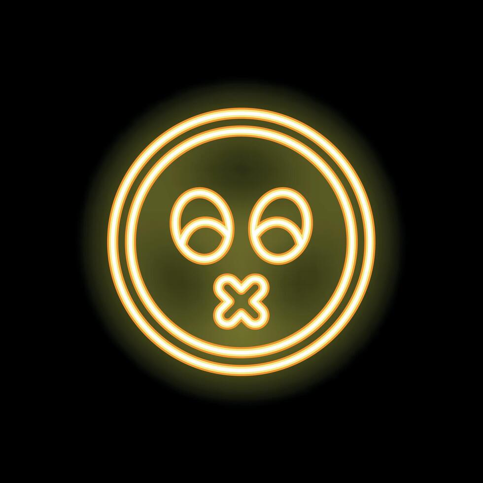 Yellow neon sign showing a sealed mouth emoji on a black background vector