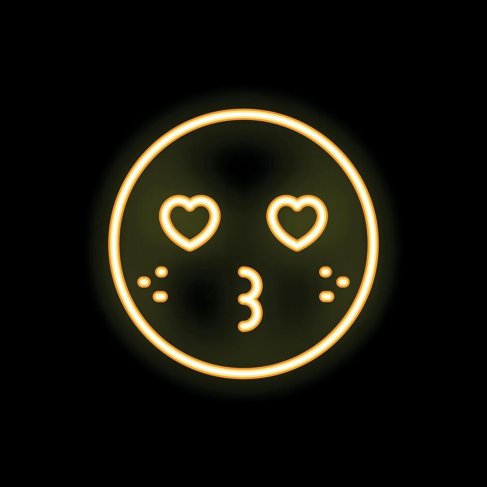 Yellow neon kissing face with heart eyes on black background vector