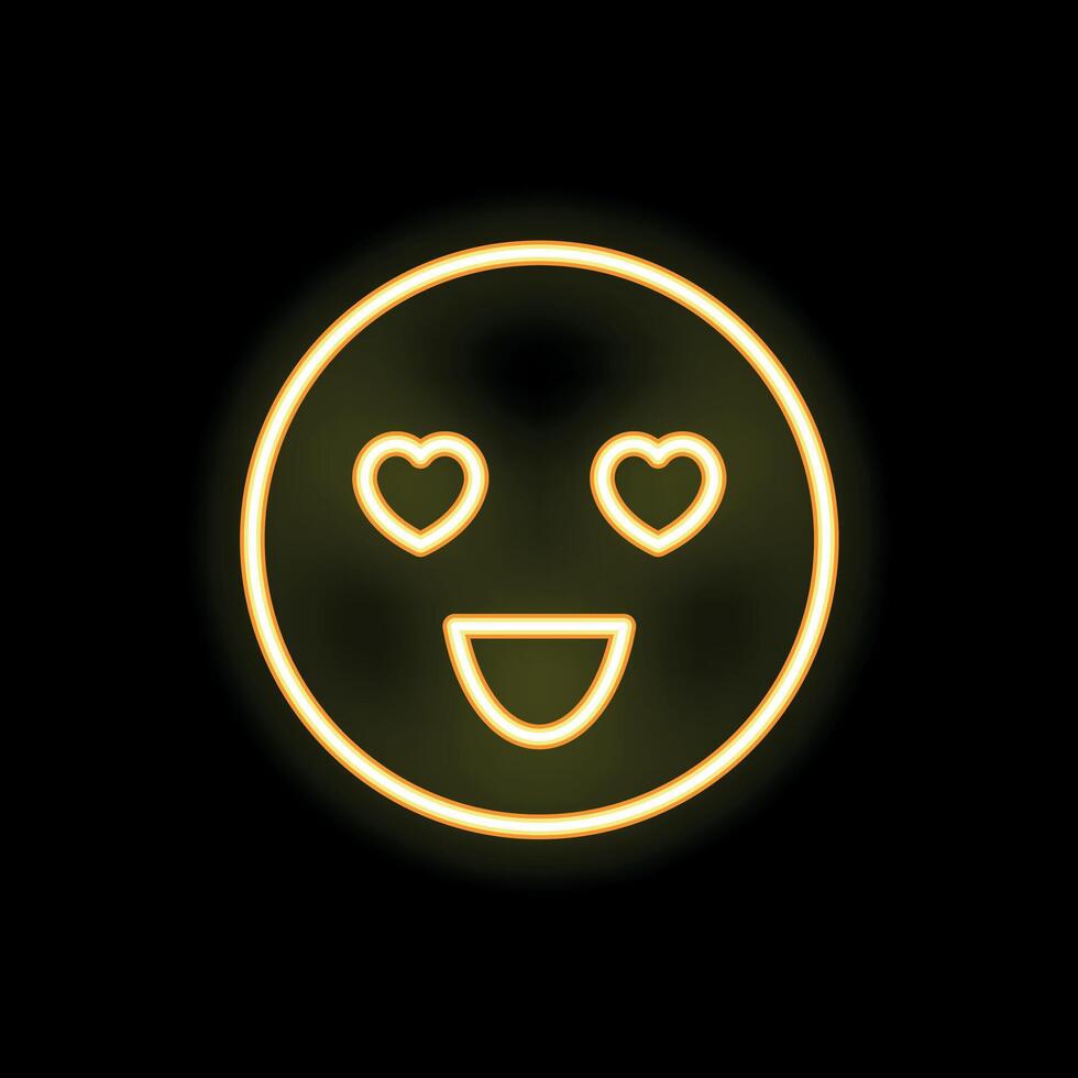 Neon yellow smiley face expressing love with heart eyes and open mouth smiling on black background vector