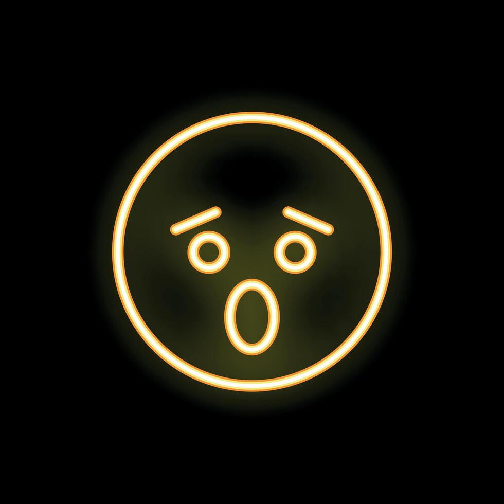 Yellow neon surprised emoji with open mouth expressing shock vector