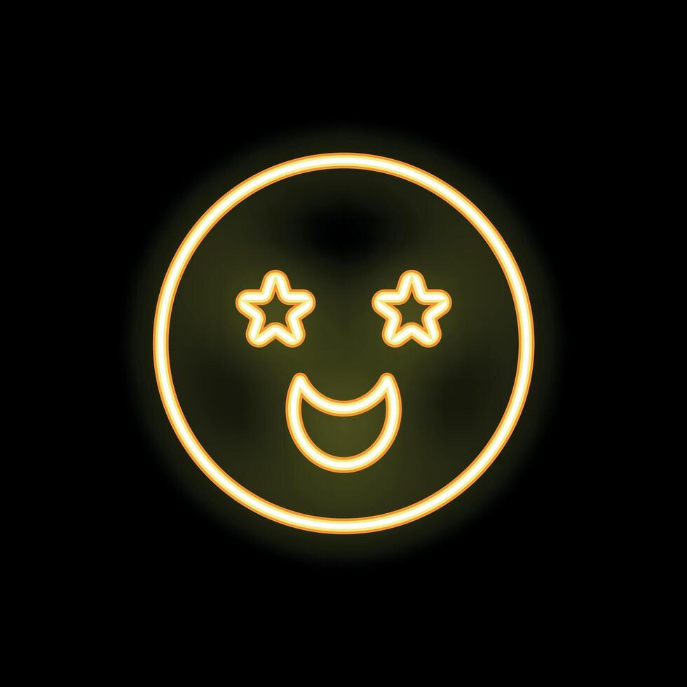 Neon yellow emoji smiling with starry eyes on black background vector