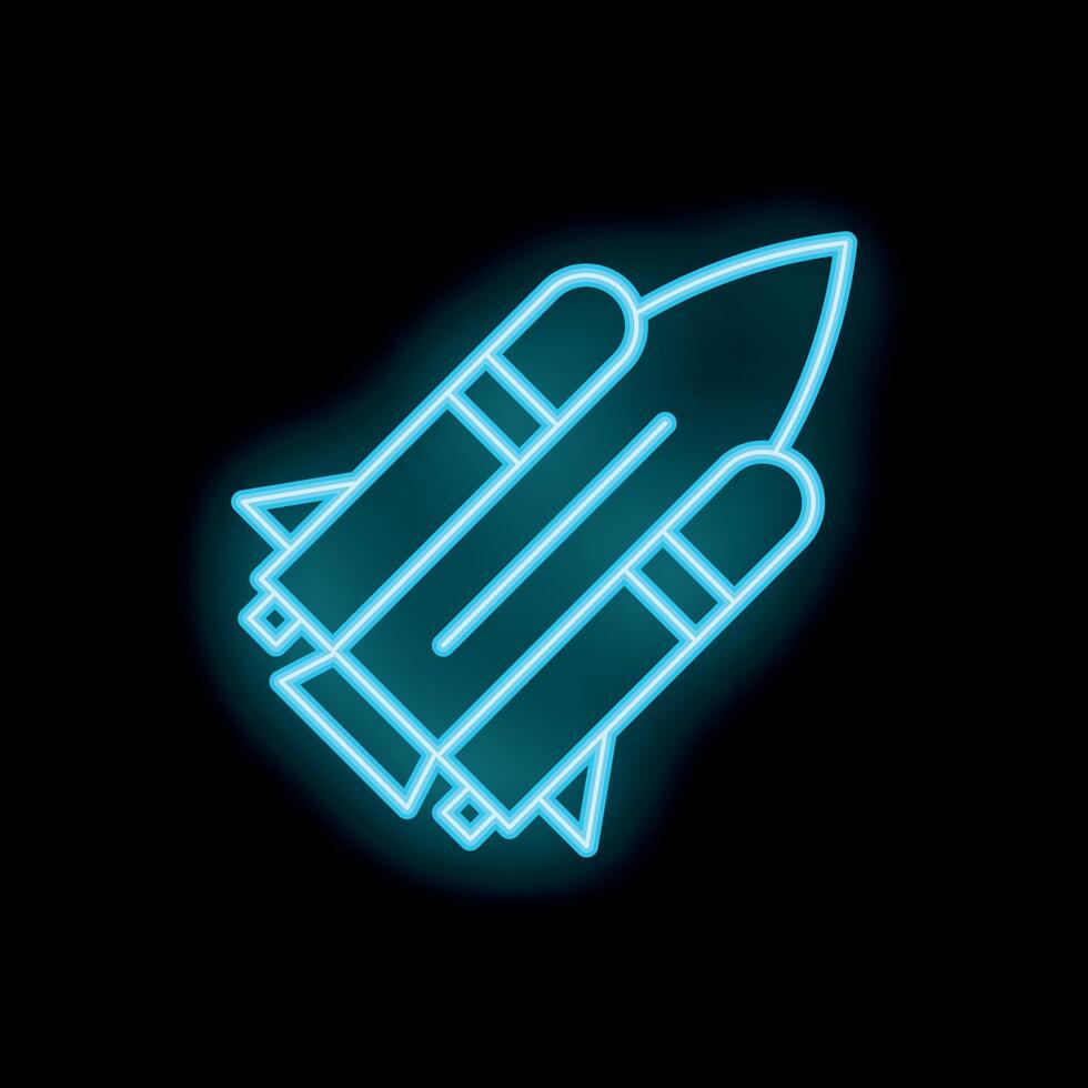 Neon blue space shuttle taking off on black background vector