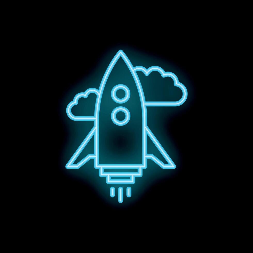 Blue neon rocket ship taking off through clouds icon vector