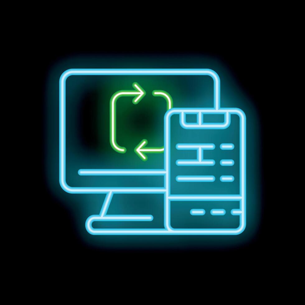 Neon icon of data transfering from computer to mobile device vector
