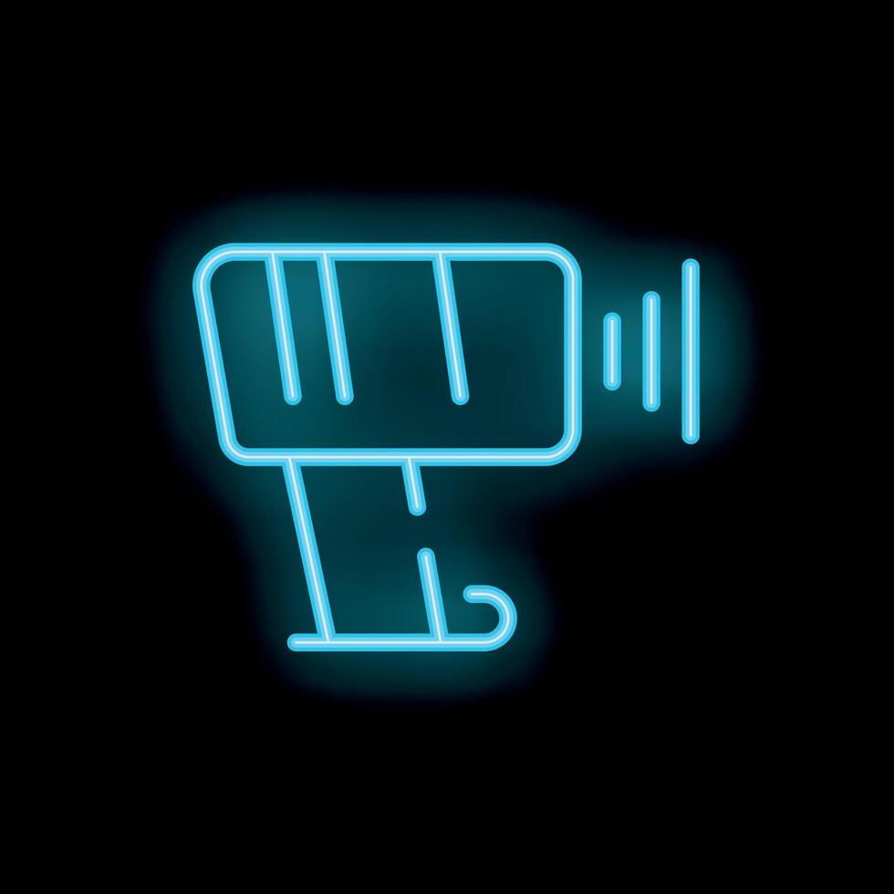 Blue neon icon of a barcode scanner emitting a beam of light vector