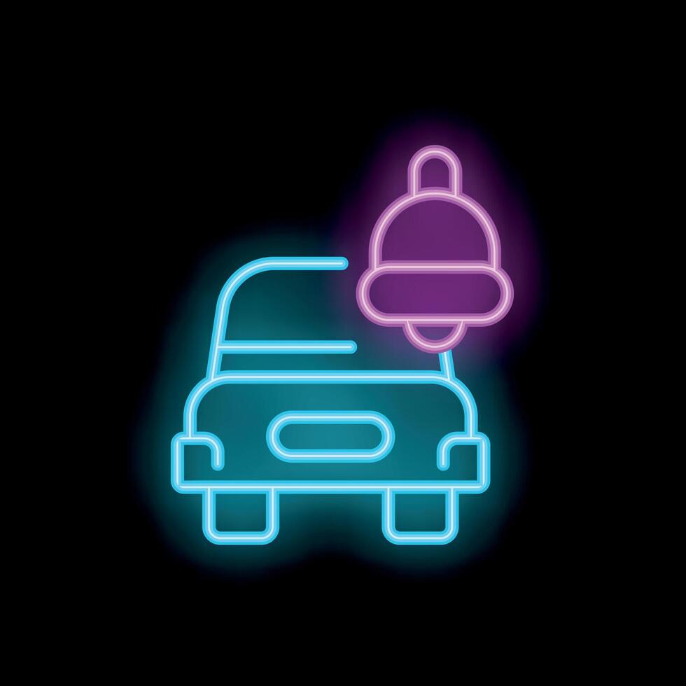 Neon icon of a car with a bell ringing, symbolizing notification or alert vector