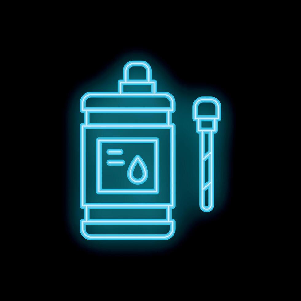 Neon blue canister with measuring stick displaying liquid product information on black background vector