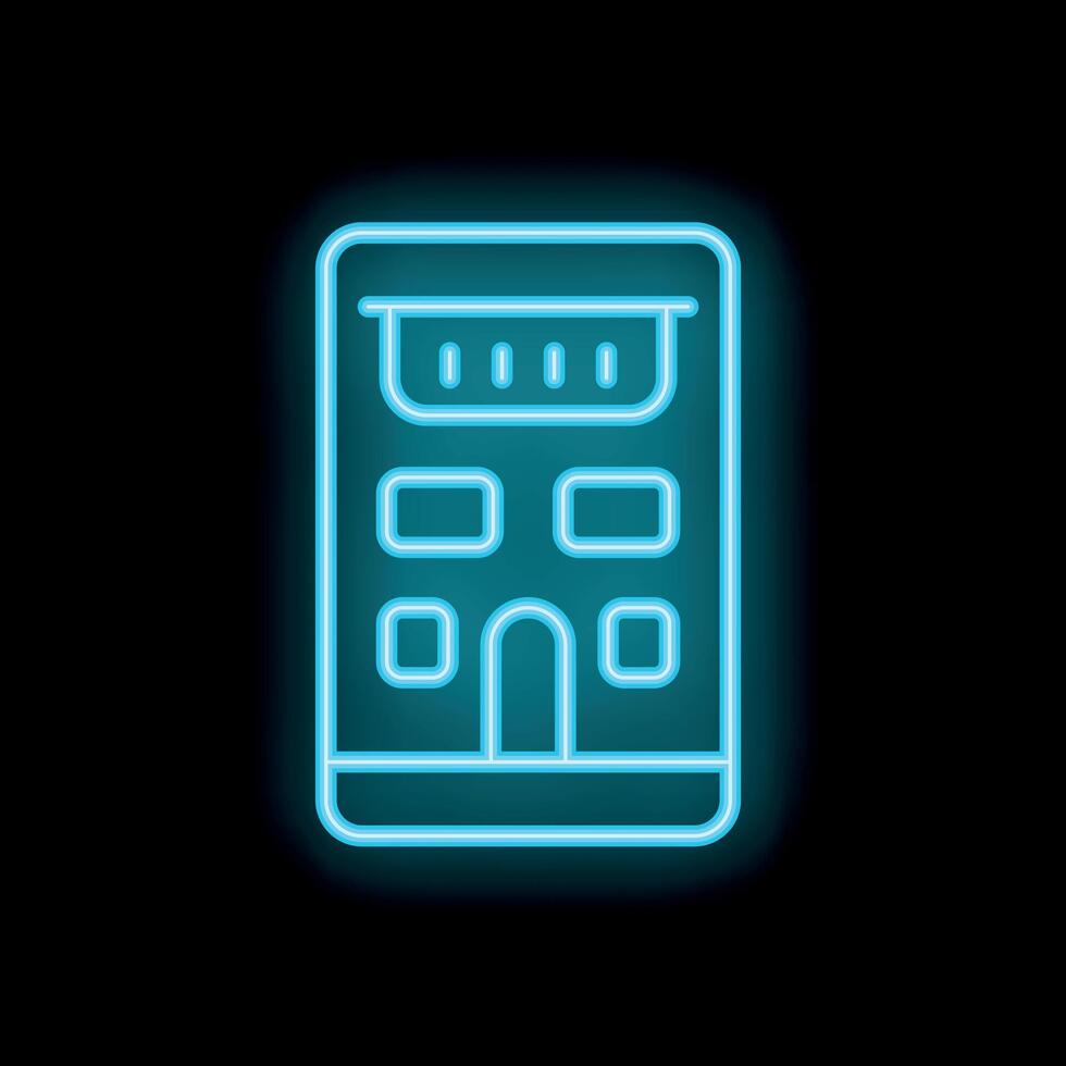 Glowing neon sign depicting a building at night with multiple windows vector
