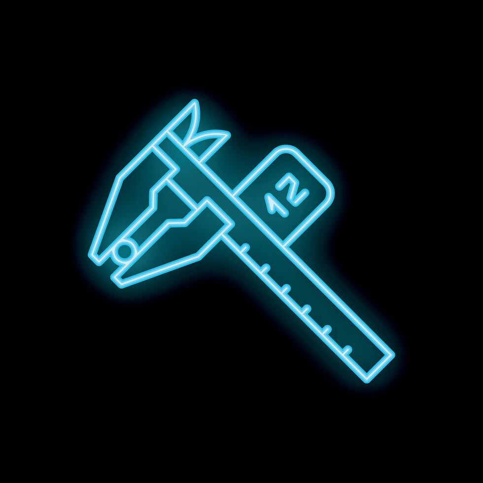 Blue glowing neon line caliper measuring tool icon isolated on black background vector
