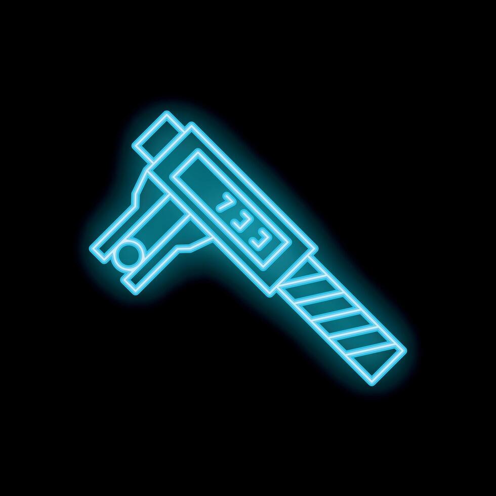 Blue glowing neon line electronic digital caliper icon isolated on black background vector