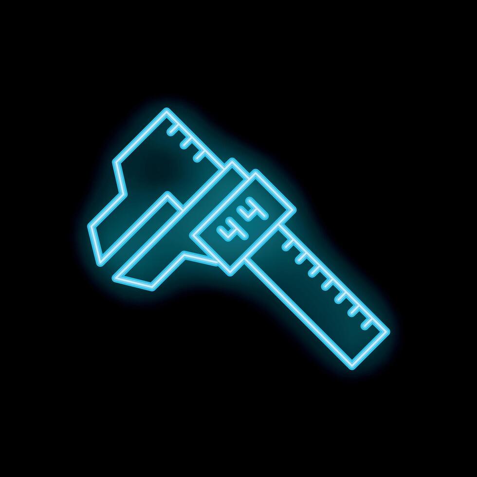 Neon caliper measuring tool icon glowing against a black background vector
