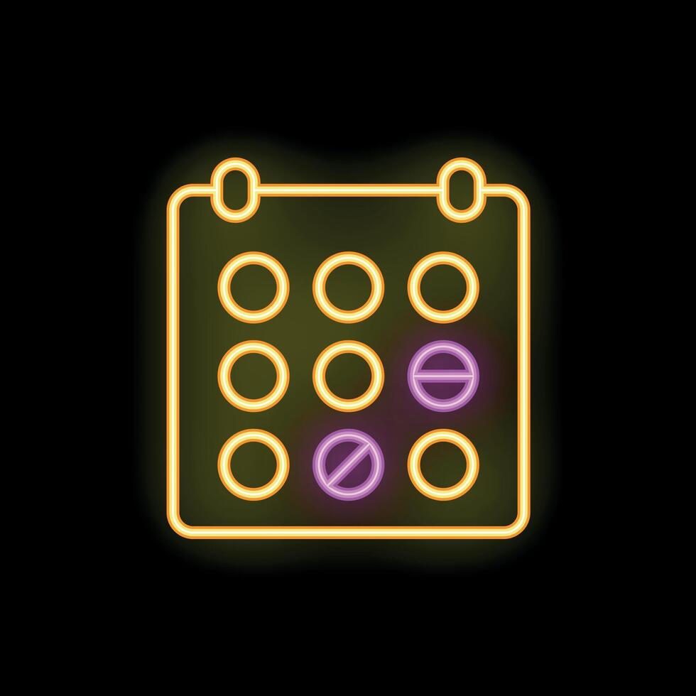 Neon calendar showing days with pills taken icon on black background vector
