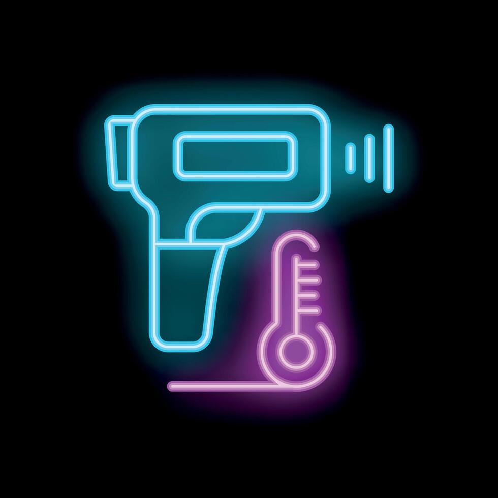 Neon sign showing contactless thermometer measuring temperature vector