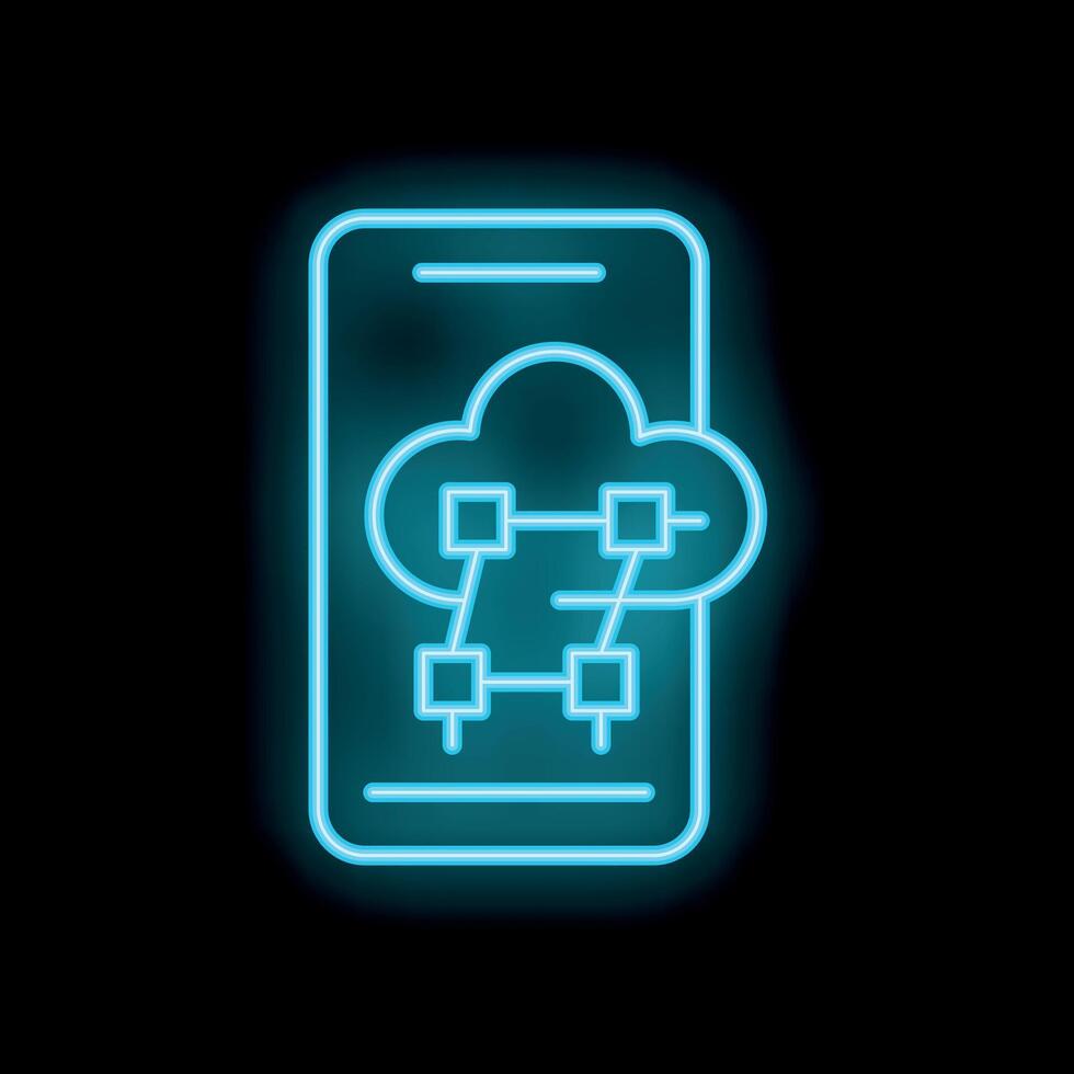 Mobile phone displaying cloud computing neon icon on black background vector
