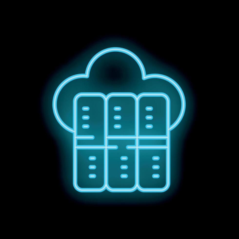 Neon blue glowing cloud computing database server icon on black background vector