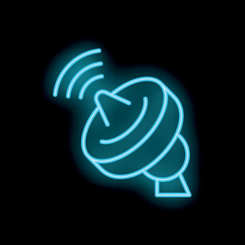 Neon satellite dish transmitting signals in blue light vector