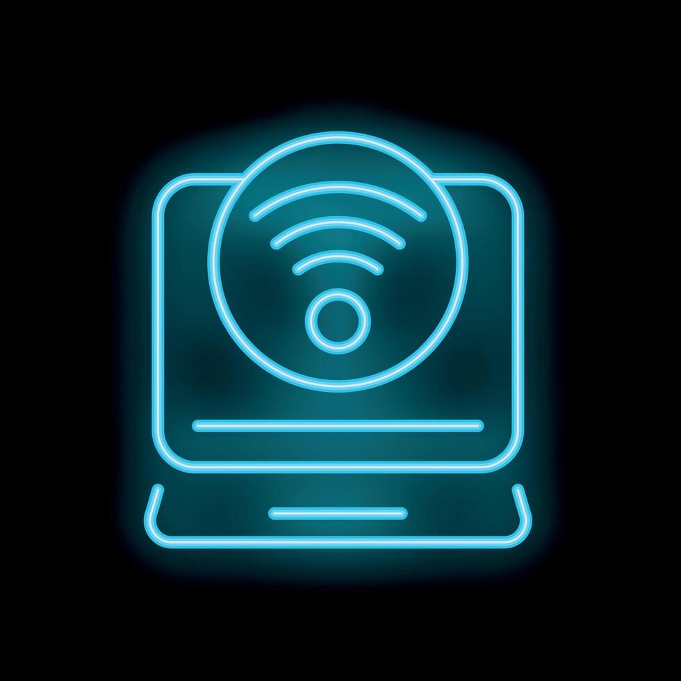 Neon blue wifi symbol shining over laptop on black background vector