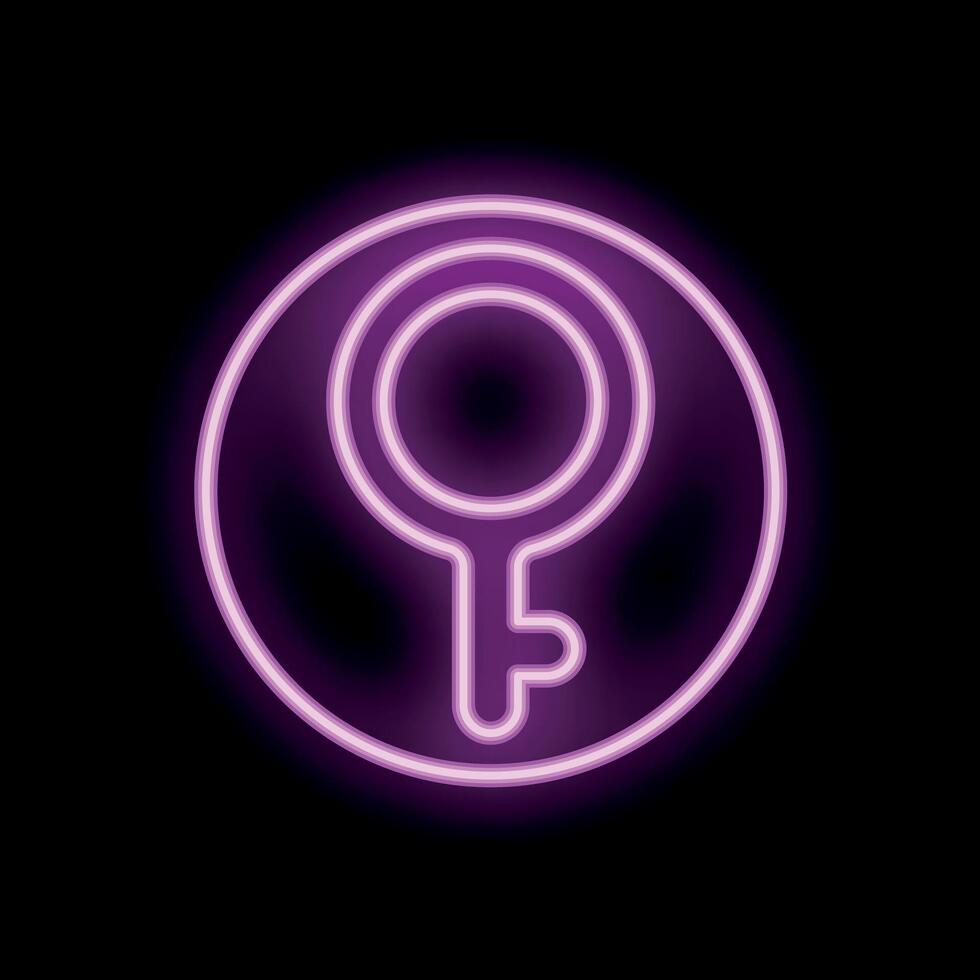 Neon pink venus gender symbol shining in circle on black background vector