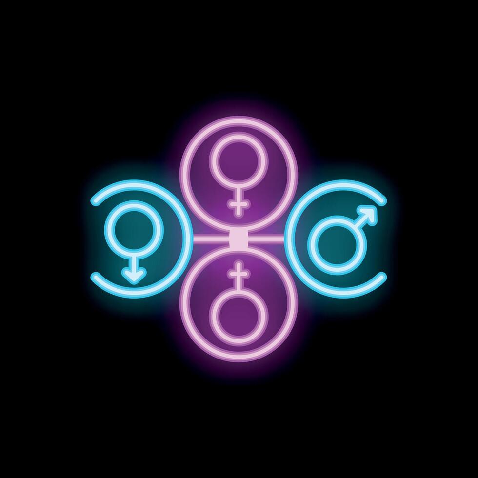 Neon sign showing gender fluid and transgender symbols with interconnected lines vector