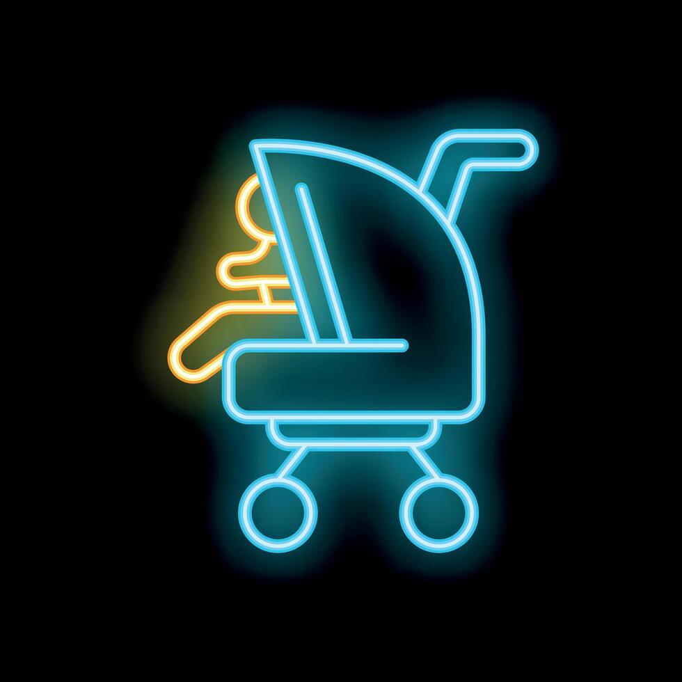 Neon baby stroller icon glowing on dark background vector
