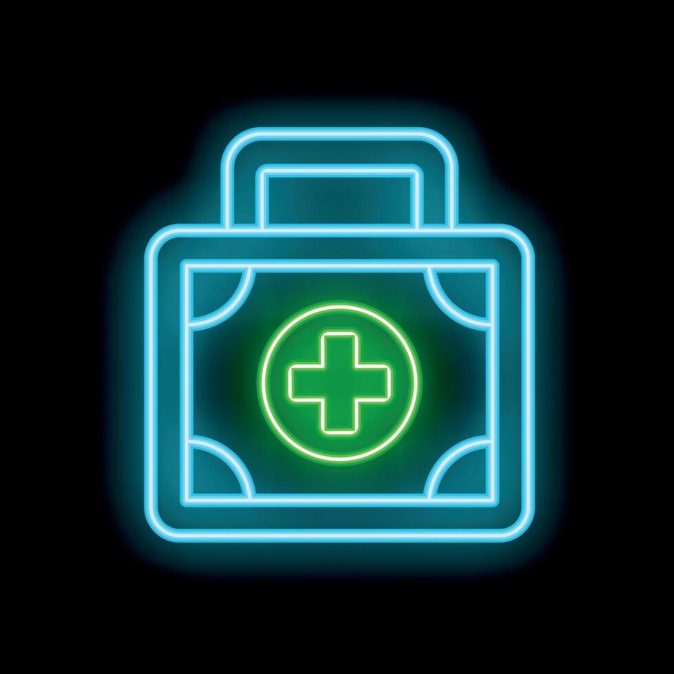 Neon green first aid kit glowing on black background vector