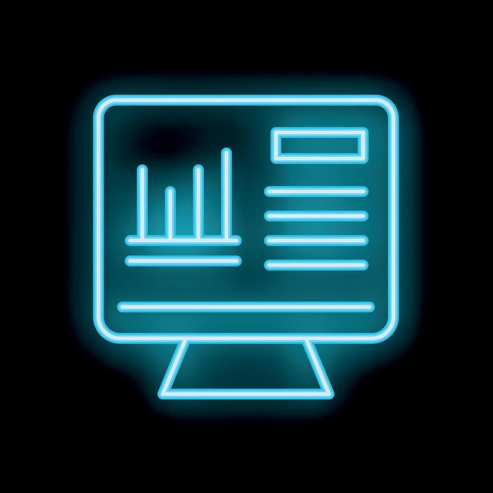 Neon icon of desktop computer displaying charts and data vector