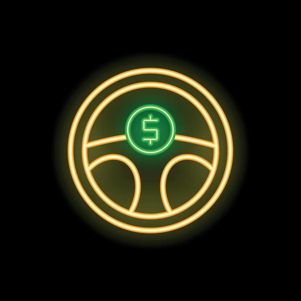 Neon sign representing steering wheel with dollar sign for taxi and car sharing services vector