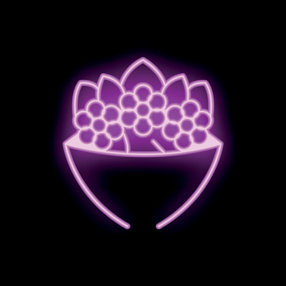 Neon sign of flower crown with petals glowing on black background vector