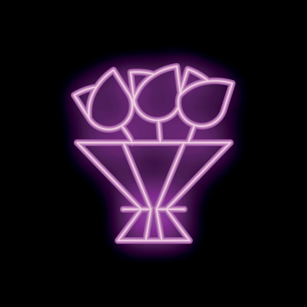 Pink neon sign showing a bouquet of flowers on a black background vector