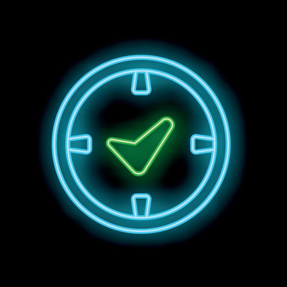 Neon clock showing check mark symbol on black background vector