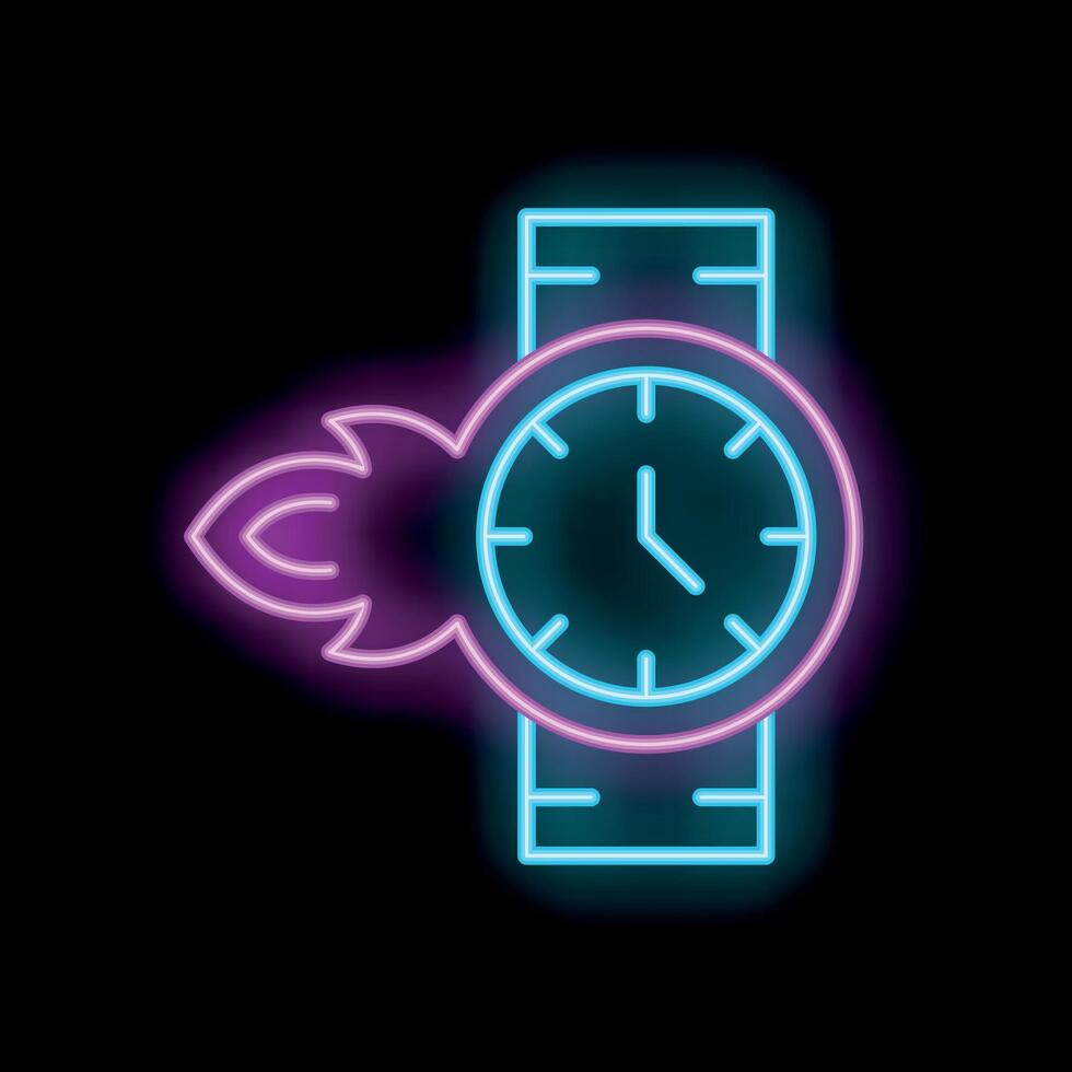 Neon wristwatch showing time passing quickly burning with fire vector