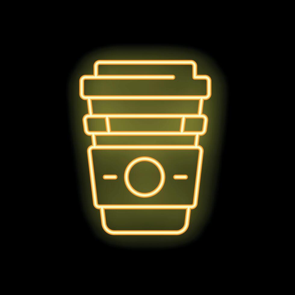Yellow neon sign of stacked disposable coffee cups on black background vector