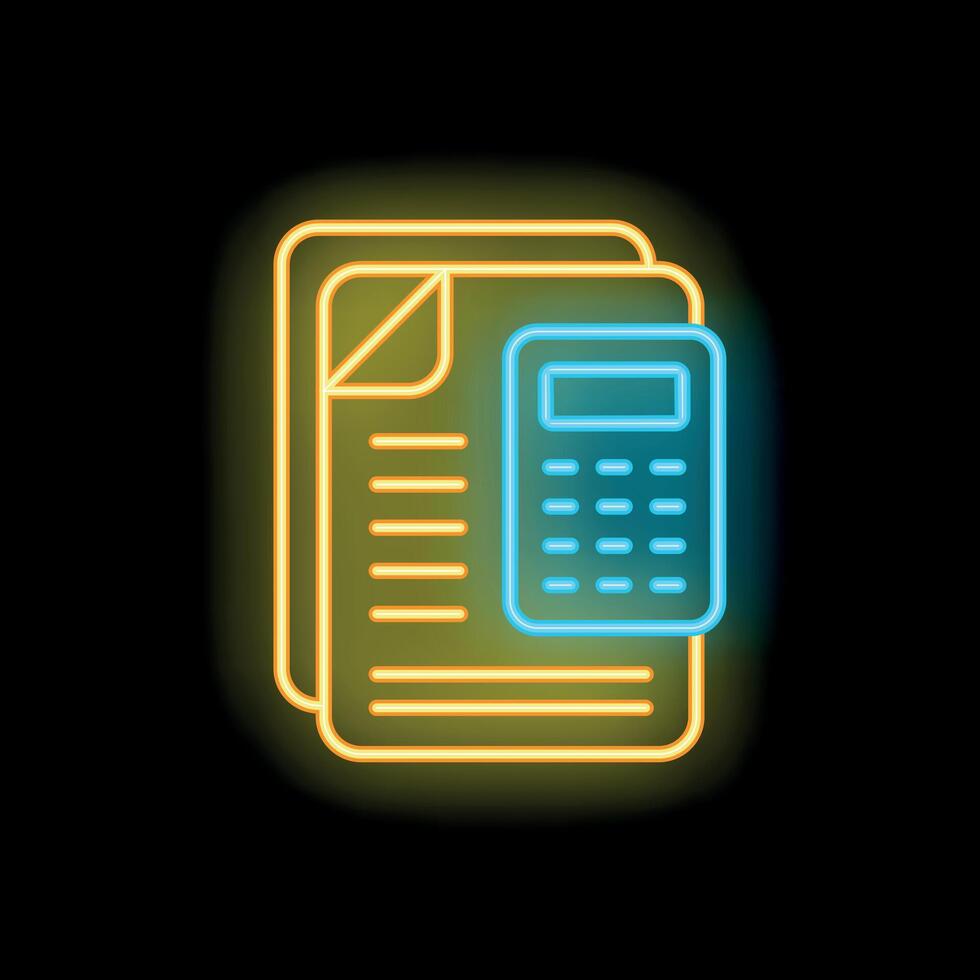 Neon calculator icon over paperwork representing accounting vector