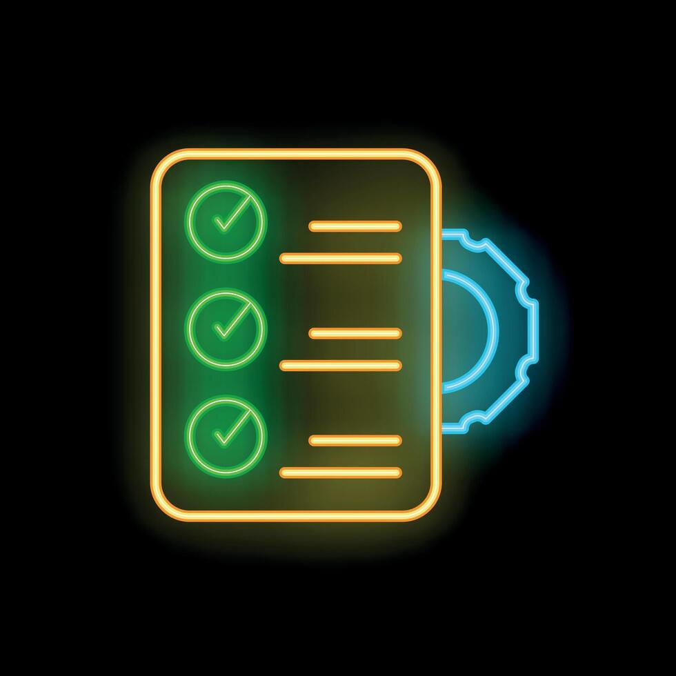 Neon icon of gear rotating and completing checklist on black background vector