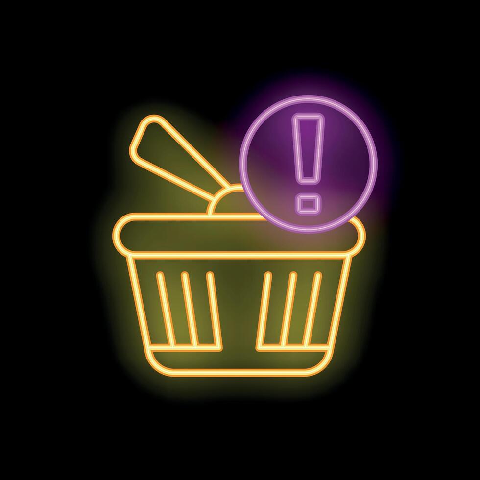 Shopping basket with exclamation point neon sign showing online shopping problem vector