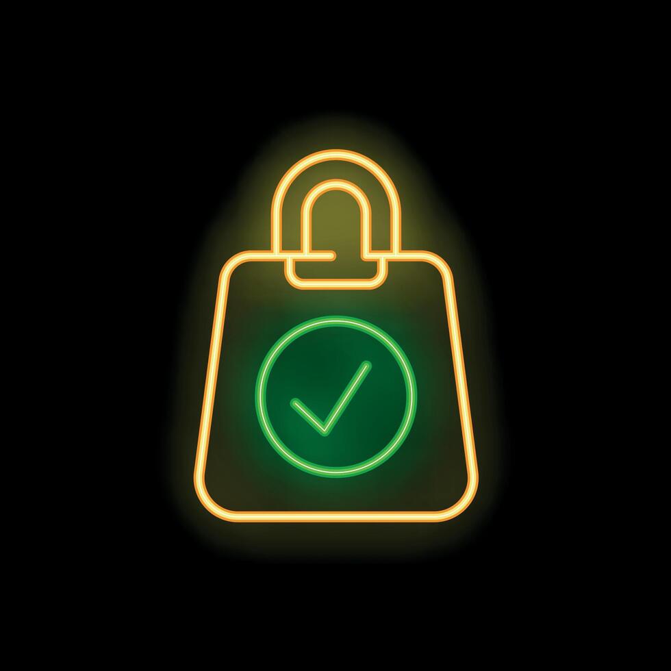 Glowing neon line shopping bag with a check mark icon is isolated on a black background vector