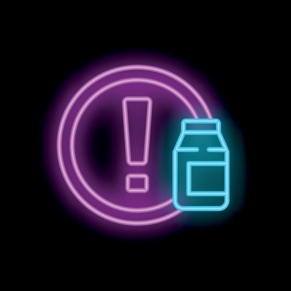 Neon sign showing exclamation point warning about milk allergy vector