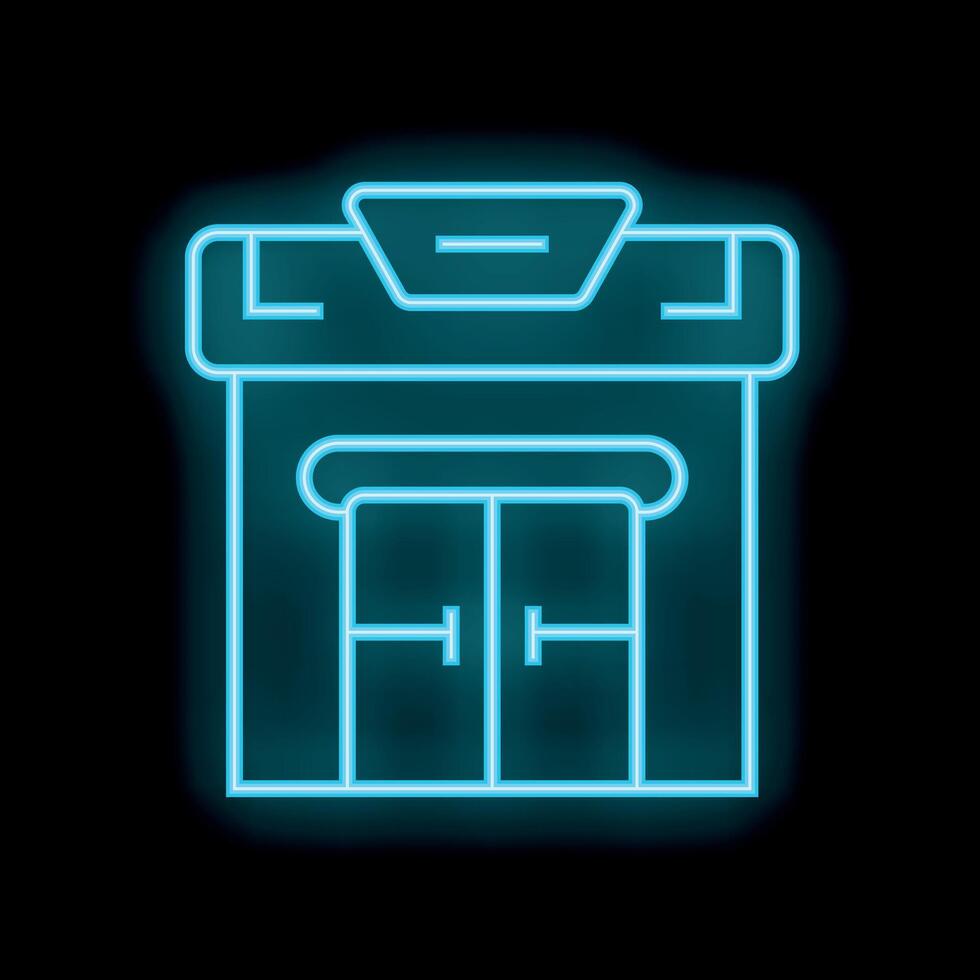 Glowing neon line shop building icon isolated on black background. Neon blue color. illustration vector
