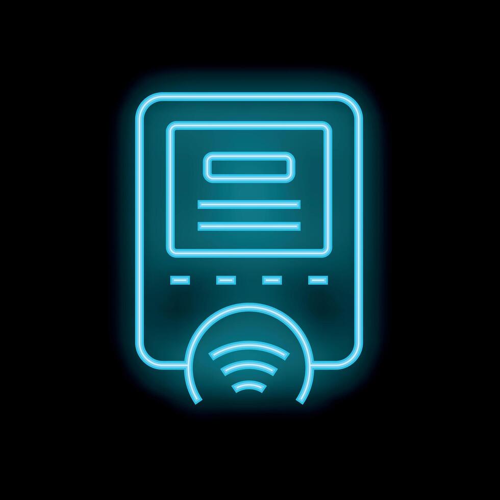 Neon blue pos terminal confirming contactless payment with smartphone nfc technology vector