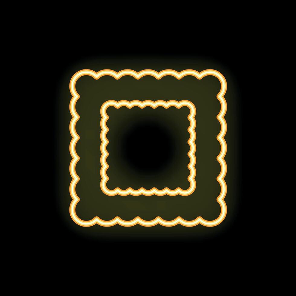 Neon yellow wavy double square frame glowing on black background vector