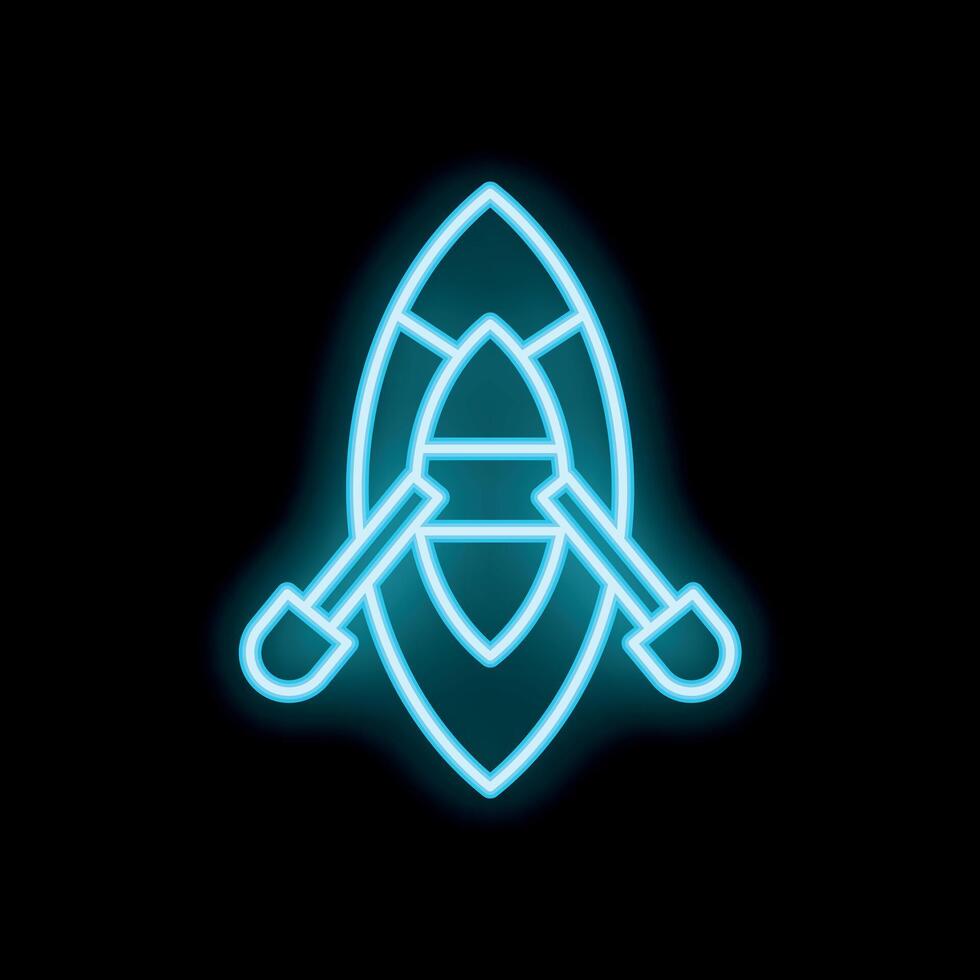 Neon kayak with paddles glowing on black background vector