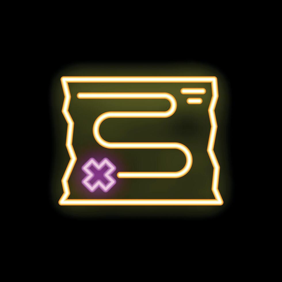 Neon treasure map showing location with cross mark on black background vector
