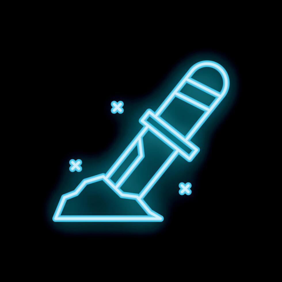Neon blue knife stabbing ground icon with glowing sparkles on black background vector