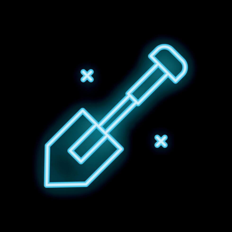 Glowing neon shovel icon on a black background representing construction and gardening vector